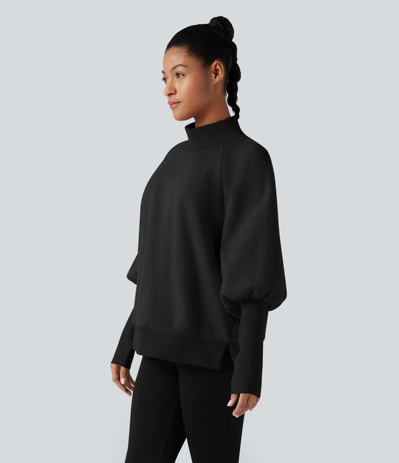 Sudadera casual de forro polar con cuello alto tipo mock y mangas largas estilo bishop