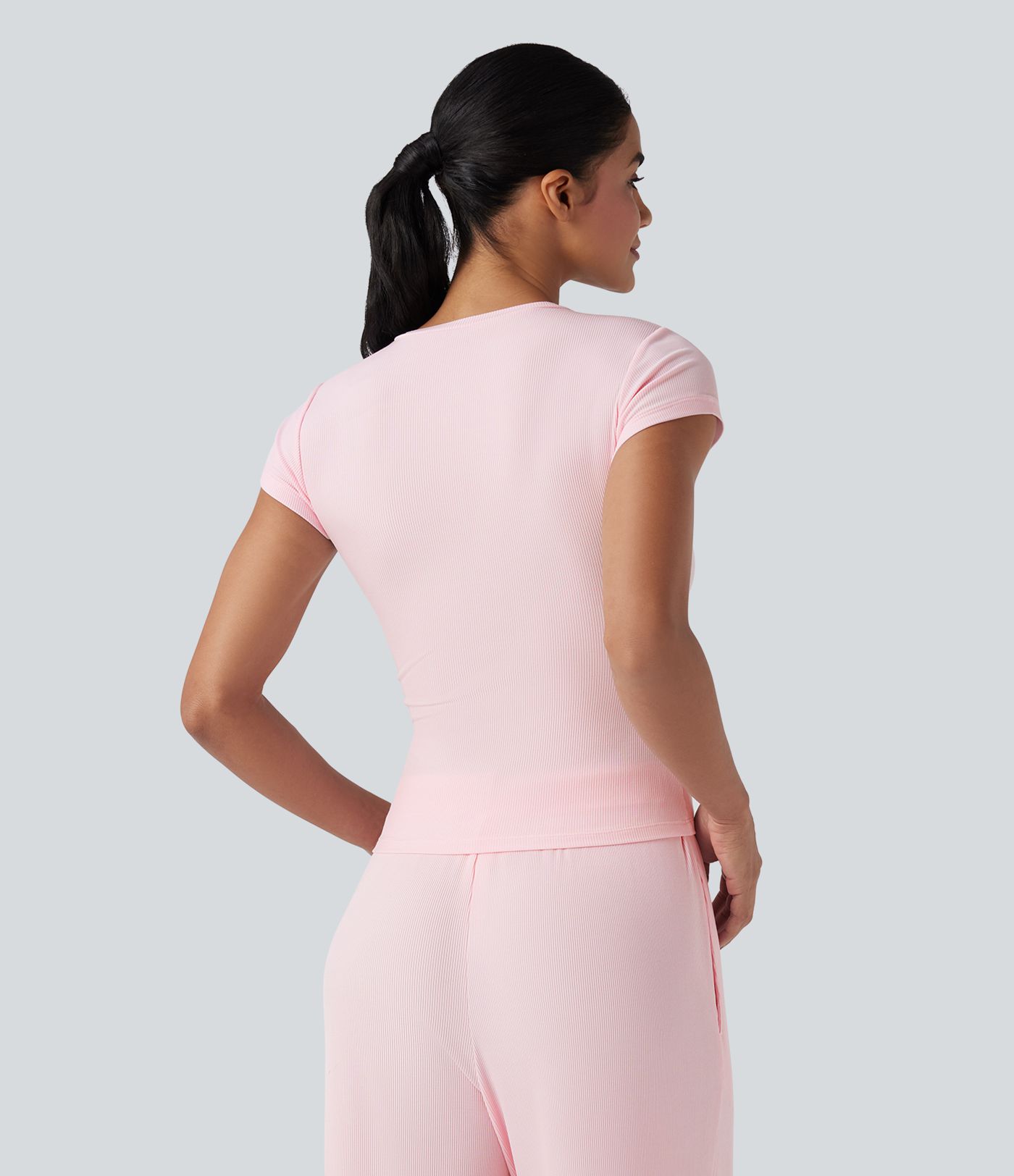 Ribbed Knit Round Neck Short Sleeve Lounge Top