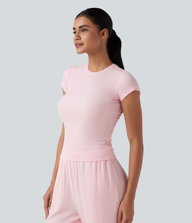 Ribbed Knit Round Neck Short Sleeve Lounge Top