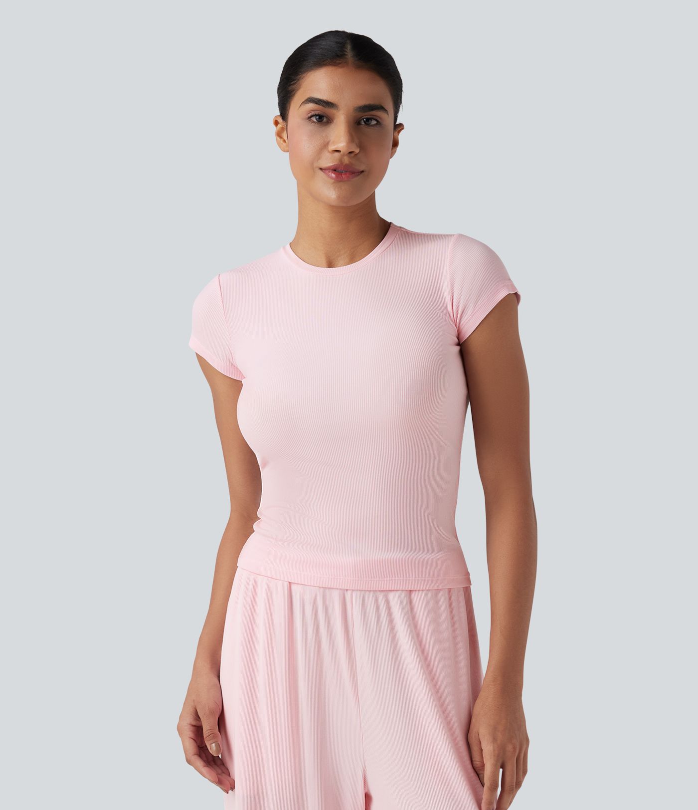 Ribbed Knit Round Neck Short Sleeve Lounge Top