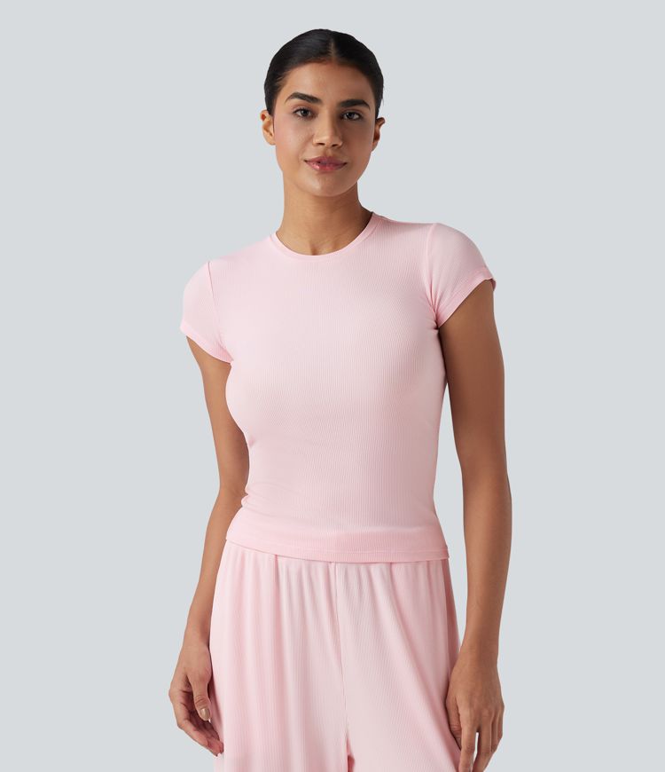 Ribbed Knit Round Neck Short Sleeve Lounge Top