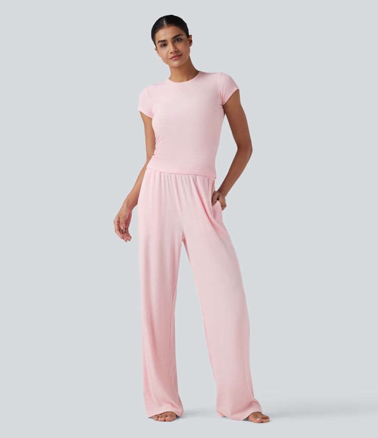 Ribbed Knit Round Neck Short Sleeve Lounge Top