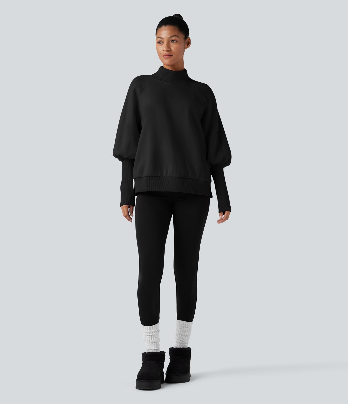 Sudadera casual de forro polar con cuello alto tipo mock y mangas largas estilo bishop