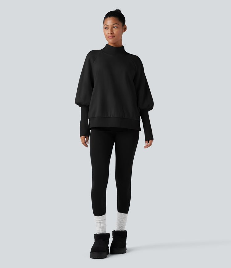 Mock Neck Bishop Long Sleeve Fleece Casual Sweatshirt