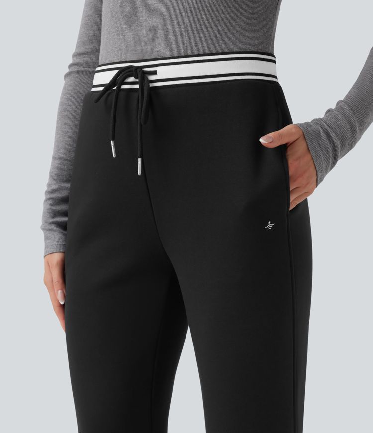 High Waisted Drawstring Color Block Split Hem Fleece Casual Cotton Flare Pants with Pockets