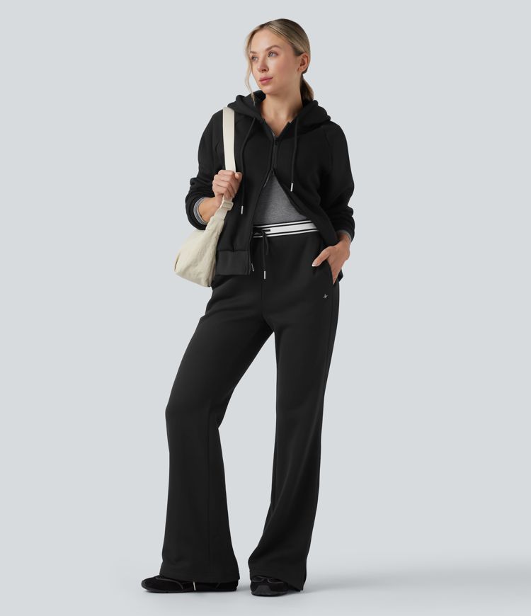 High Waisted Drawstring Color Block Split Hem Fleece Casual Cotton Flare Pants with Pockets