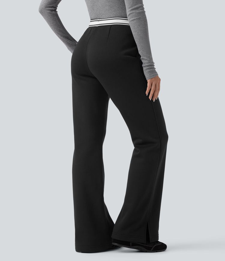 High Waisted Drawstring Color Block Split Hem Fleece Casual Cotton Flare Pants with Pockets