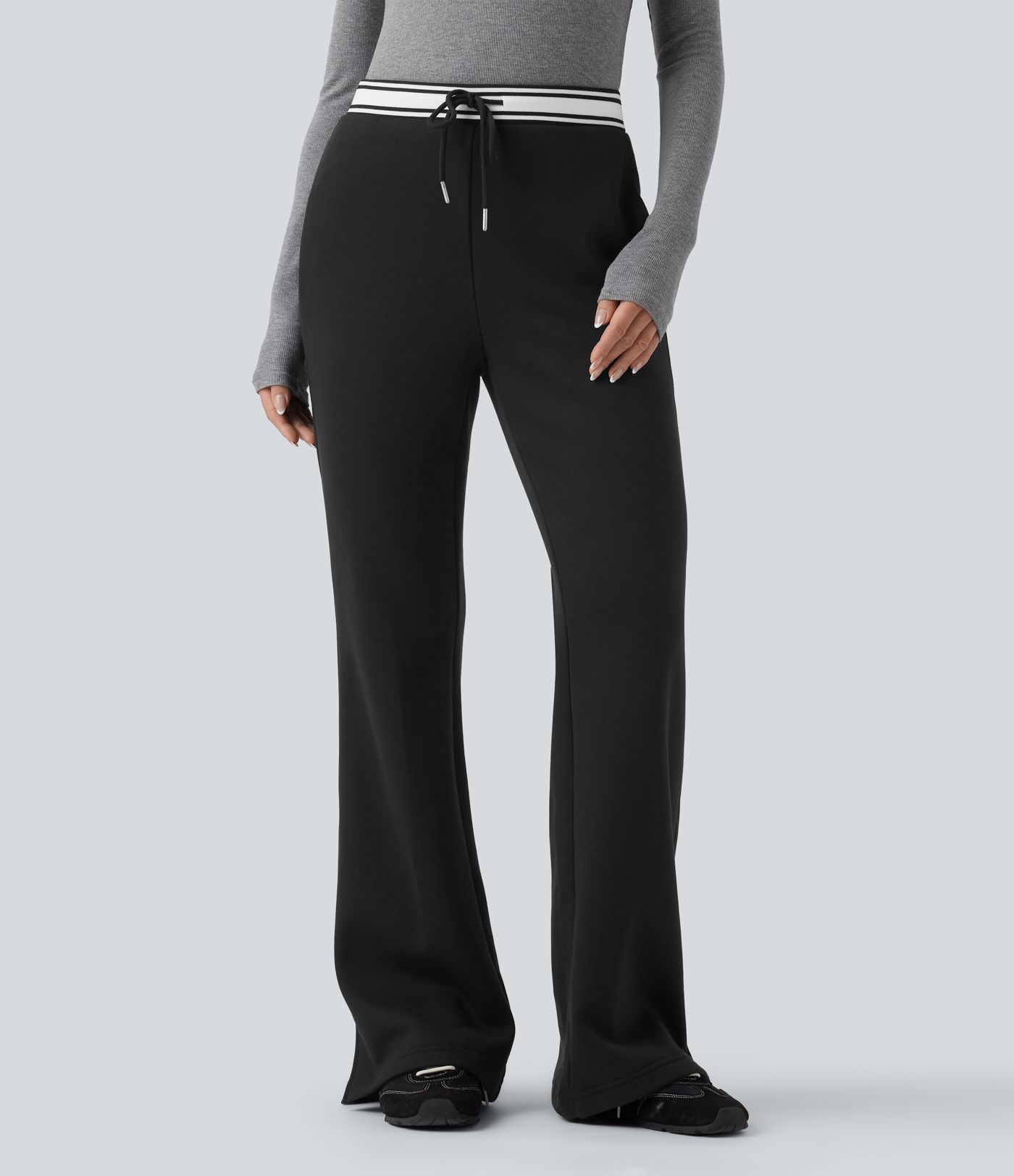 Pantalon jogging évasé molleton coton taille haute avec cordon de serrage, poches, empiècements contrastés et ourlet fend