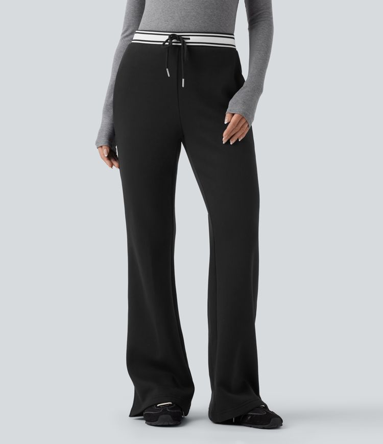 Pantalon jogging évasé molleton coton taille haute avec cordon de serrage, poches, empiècements contrastés et ourlet fend