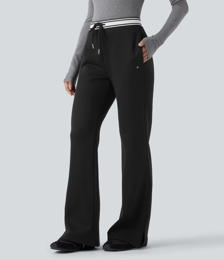 High Waisted Drawstring Color Block Split Hem Fleece Casual Cotton Flare Pants with Pockets