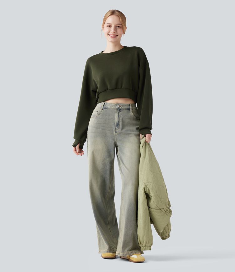 Round Neck Long Sleeve Thumb Hole Cropped Casual Sports Sweatshirt