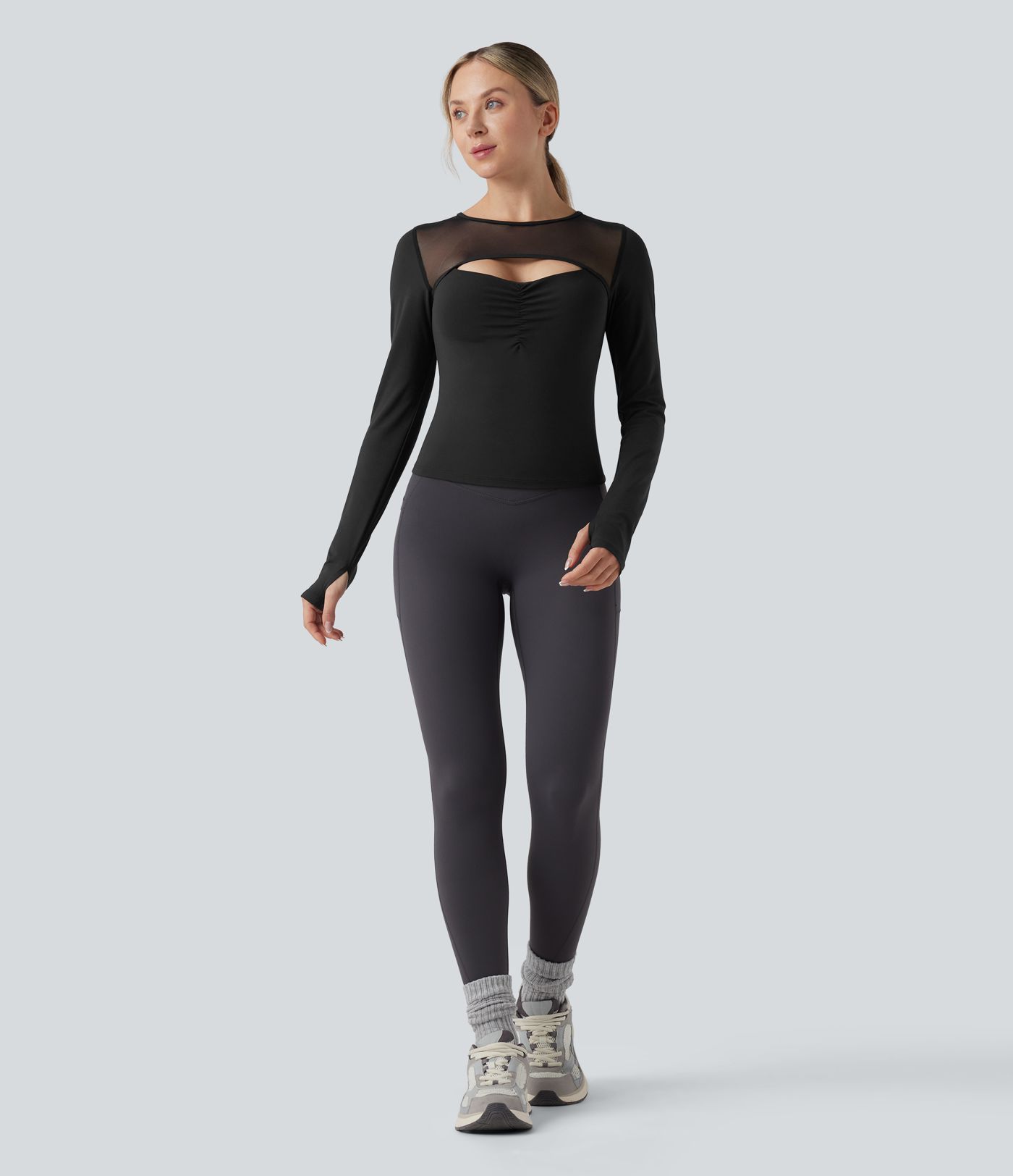 SoftlyZero™ Plush Push-Up Contrast Mesh Cut Out Long Sleeve Thumb Hole Yoga Sports Top