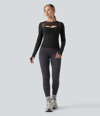 SoftlyZero™ Plush Push-Up Contrast Mesh Cut Out Long Sleeve Thumb Hole Yoga Sports Top