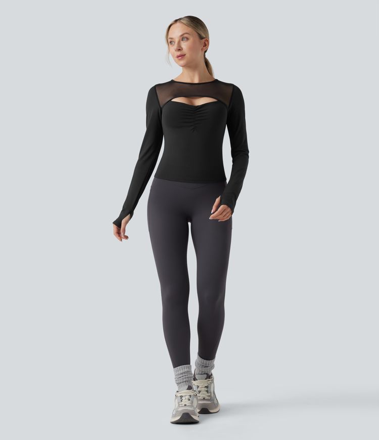 SoftlyZero™ Plush Push-Up Contrast Mesh Cut Out Long Sleeve Thumb Hole Yoga Sports Top