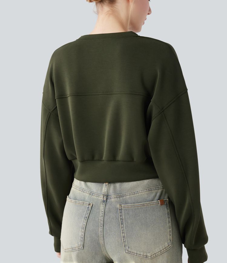 Round Neck Long Sleeve Thumb Hole Cropped Casual Sports Sweatshirt