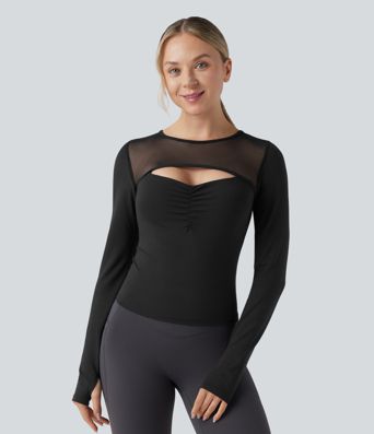 SoftlyZero™ Plush Push-Up Contrast Mesh Cut Out Long Sleeve Thumb Hole Yoga Sports Top