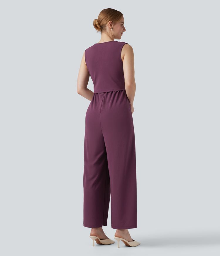 Wrinkle-resistant V-neck Sleeveless Wide Leg Work Jumpsuit with Pockets-Easy Peezy