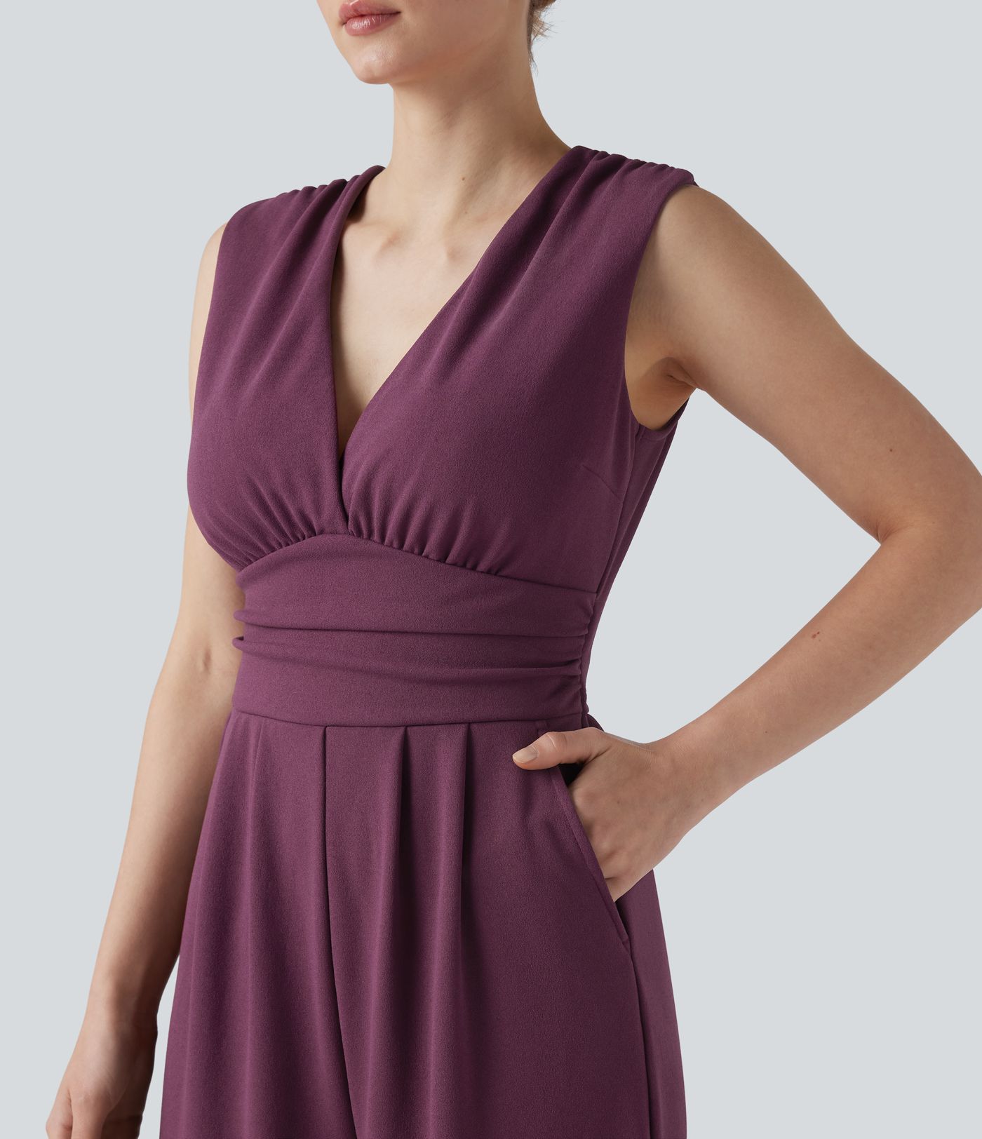 Wrinkle-resistant V-neck Sleeveless Wide Leg Work Jumpsuit with Pockets-Easy Peezy