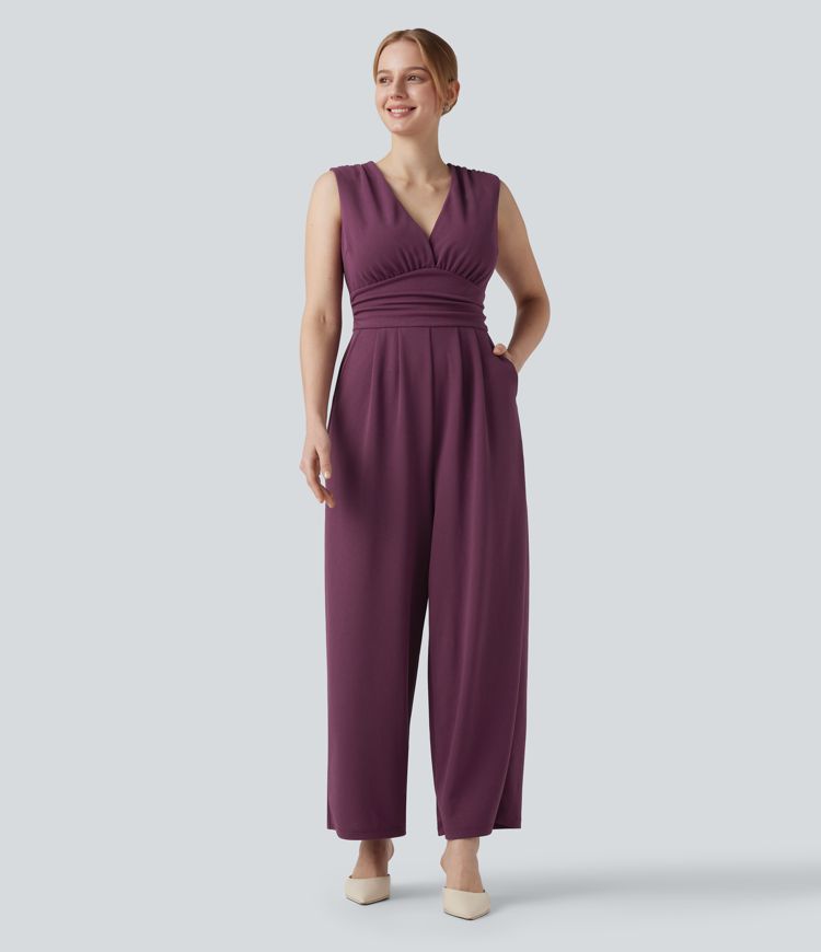 Wrinkle-resistant V-neck Sleeveless Wide Leg Work Jumpsuit with Pockets-Easy Peezy