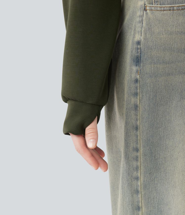 Round Neck Long Sleeve Thumb Hole Cropped Casual Sports Sweatshirt