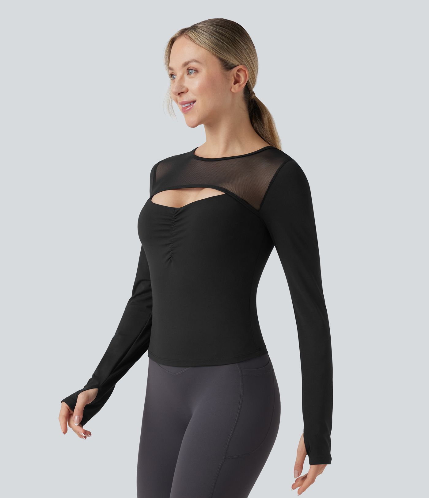 SoftlyZero™ Plush Push-Up Contrast Mesh Cut Out Long Sleeve Thumb Hole Yoga Sports Top