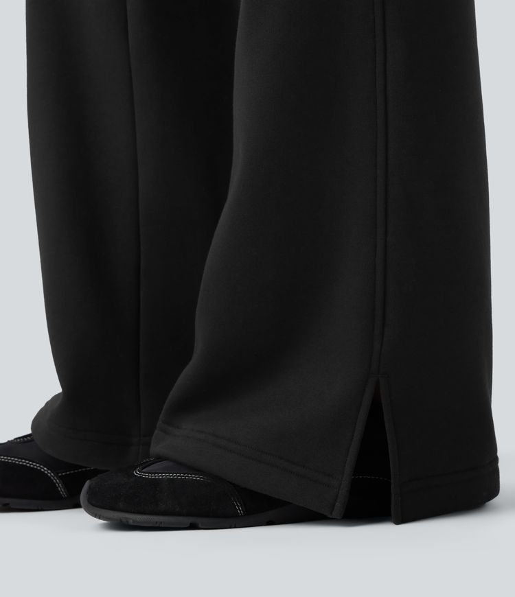 High Waisted Drawstring Color Block Split Hem Fleece Casual Cotton Flare Pants with Pockets