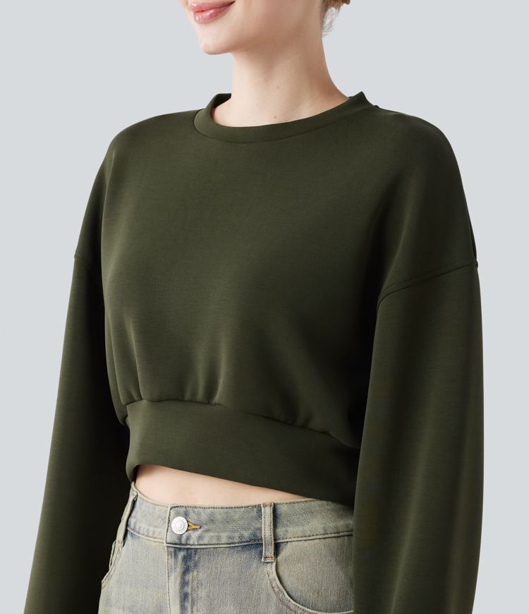 Round Neck Long Sleeve Thumb Hole Cropped Casual Sports Sweatshirt