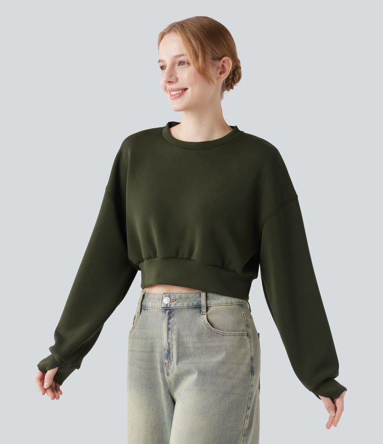 Round Neck Long Sleeve Thumb Hole Cropped Casual Sports Sweatshirt