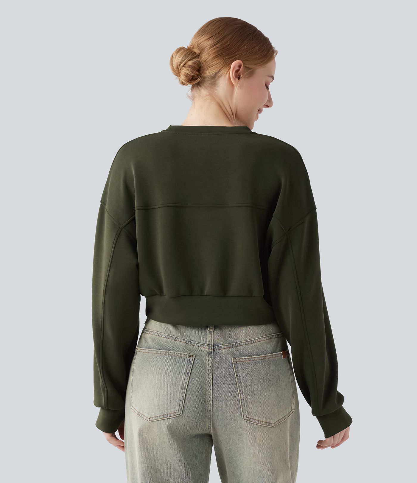 Round Neck Long Sleeve Thumb Hole Cropped Casual Sports Sweatshirt