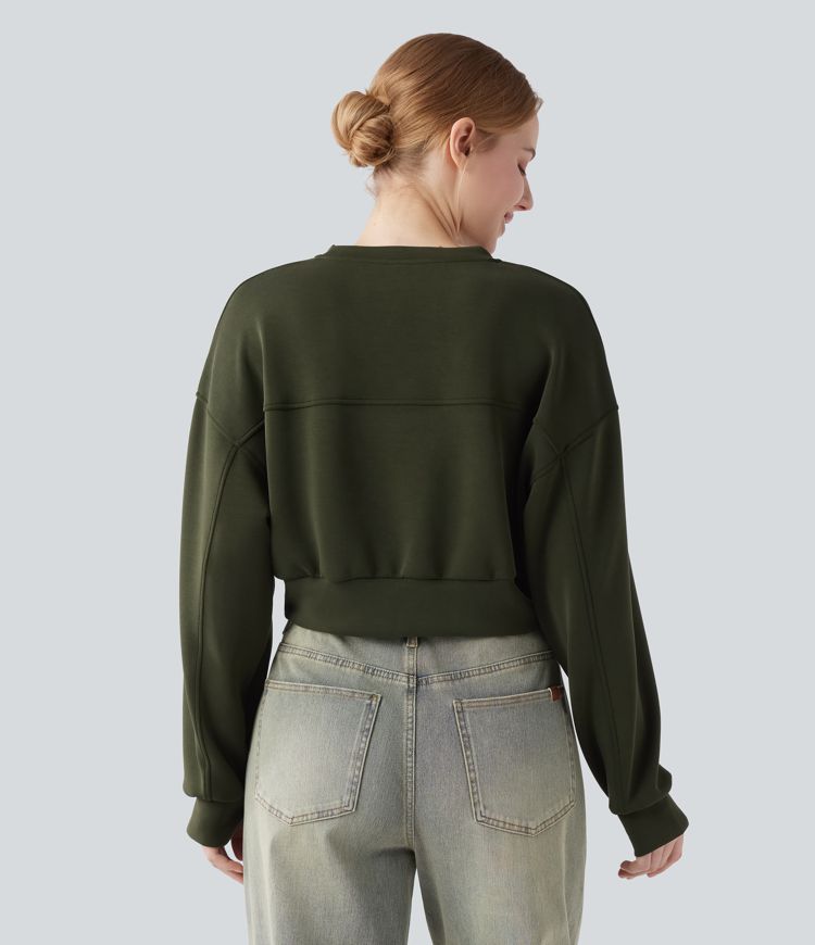 Round Neck Long Sleeve Thumb Hole Cropped Casual Sports Sweatshirt