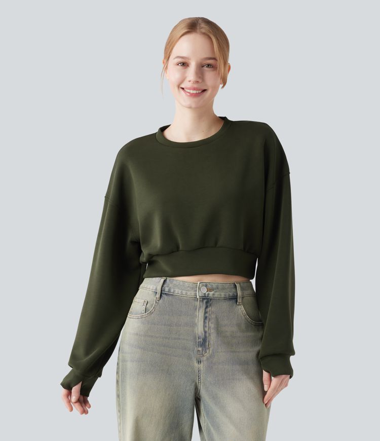 Round Neck Long Sleeve Thumb Hole Cropped Casual Sports Sweatshirt