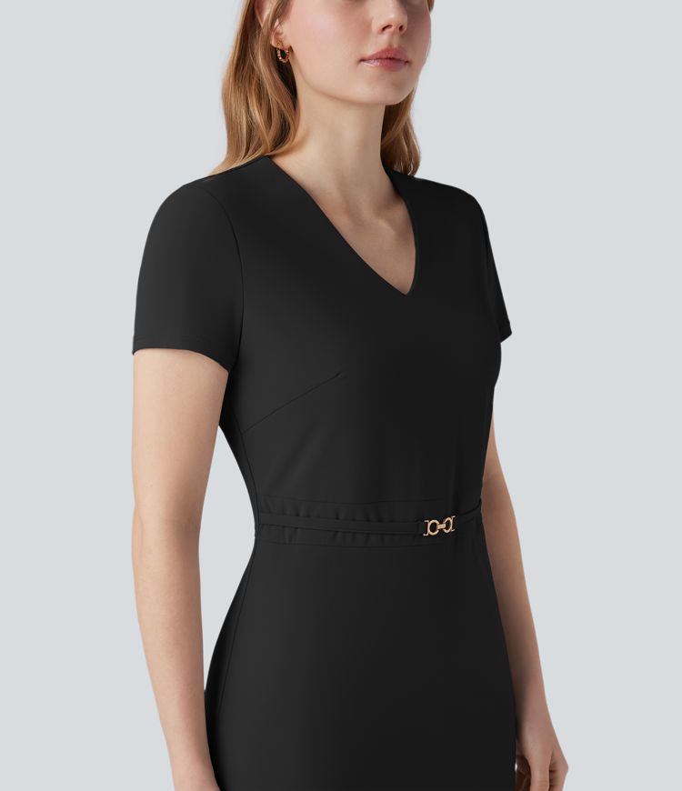 Wrinkle-resistant V Neck Short Sleeve Midi Work Dress