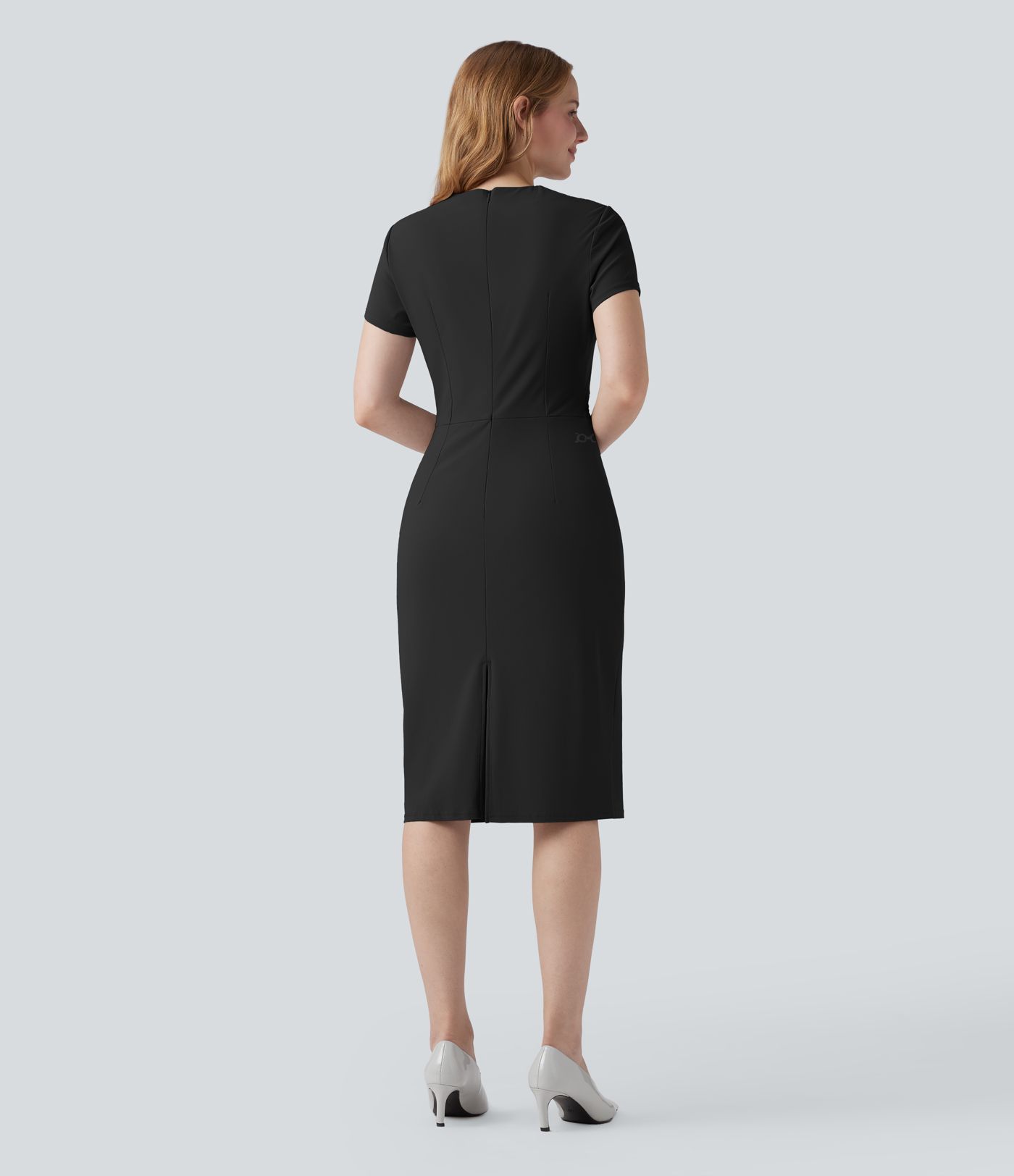 Wrinkle-resistant V Neck Short Sleeve Midi Work Dress