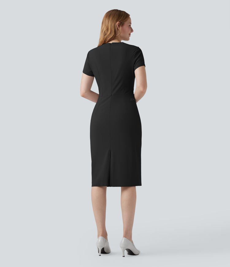 Wrinkle-resistant V Neck Short Sleeve Midi Work Dress