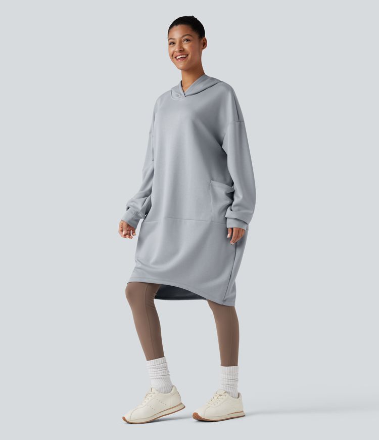 Hooded Long Sleeve Longline Casual Sweatshirt with Pockets