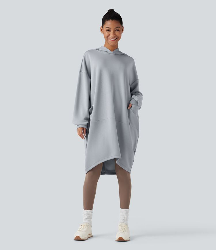 Hooded Long Sleeve Longline Casual Sweatshirt with Pockets