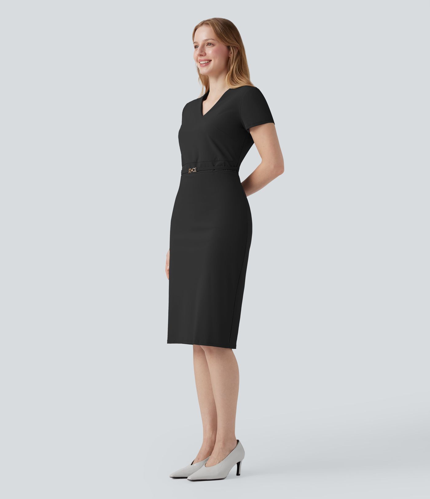 Wrinkle-resistant V Neck Short Sleeve Midi Work Dress
