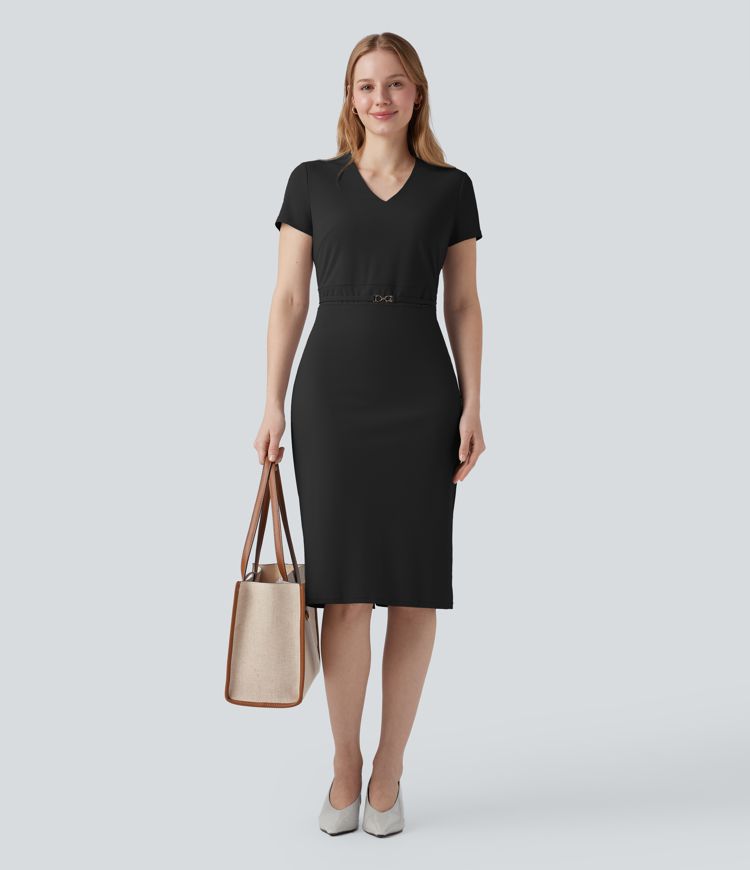 Wrinkle-resistant V Neck Short Sleeve Midi Work Dress