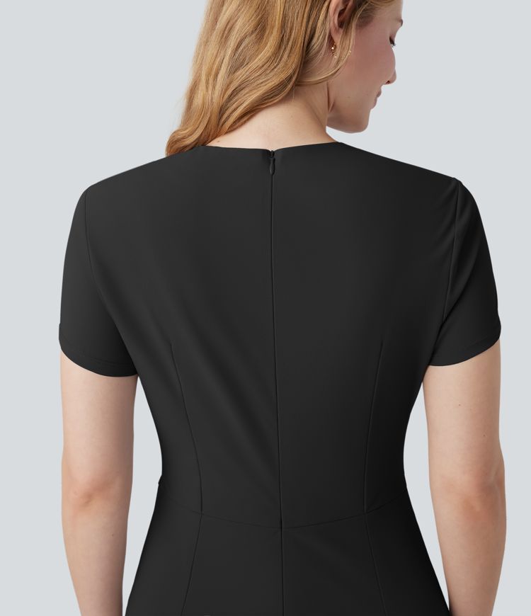 Wrinkle-resistant V Neck Short Sleeve Midi Work Dress