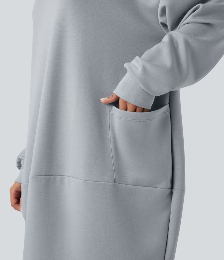 Hooded Long Sleeve Longline Casual Sweatshirt with Pockets