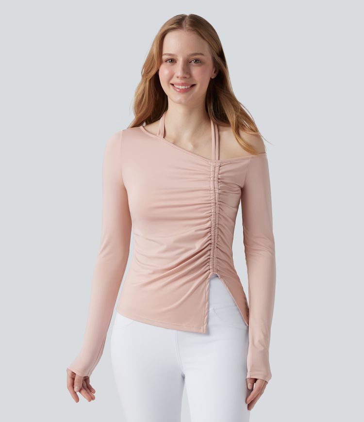 Top de sport yoga dos nageur à manches longues avec fronces