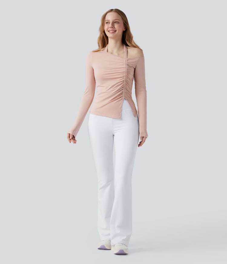 Top de sport yoga dos nageur à manches longues avec fronces