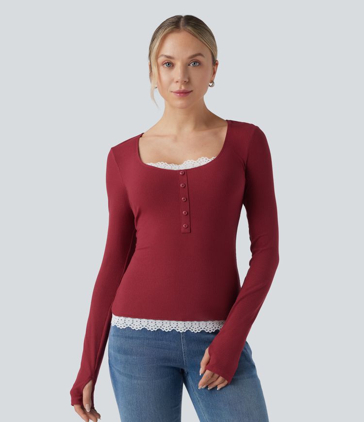 Ribbed Knit Long Sleeve Thumb Hole Contrast Lace Casual Top