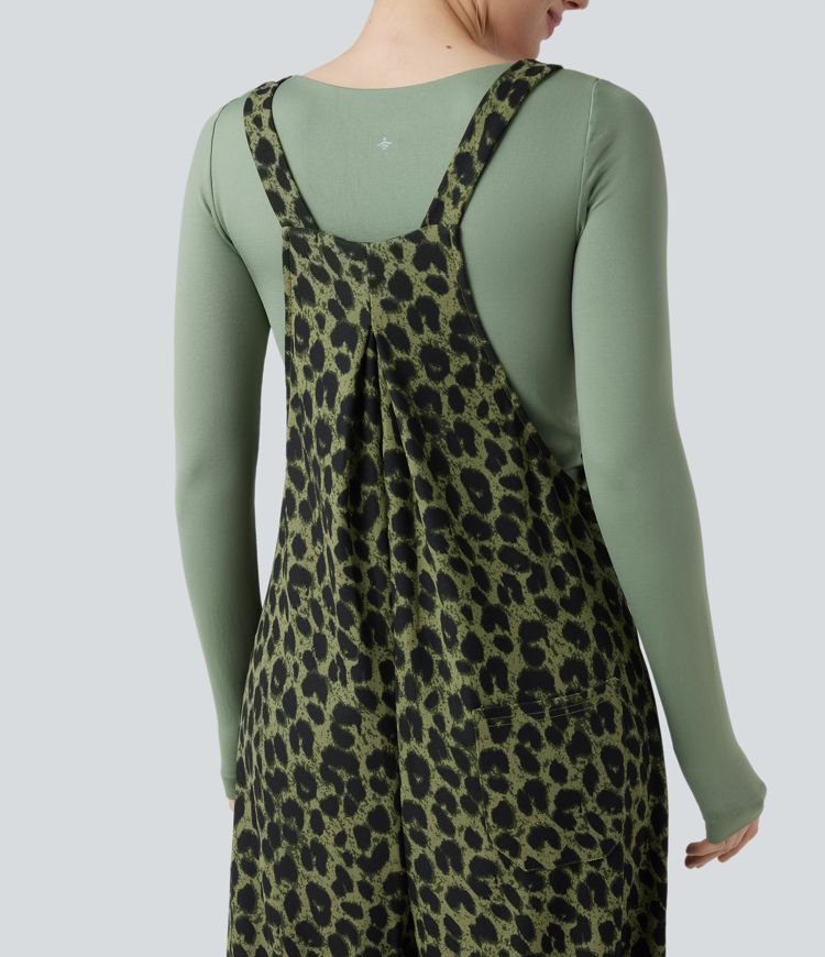 Leopard Print Waffle Women Casual Overalls with Pockets