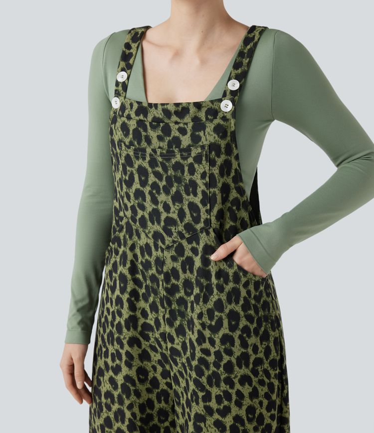 Leopard Print Waffle Women Casual Overalls with Pockets