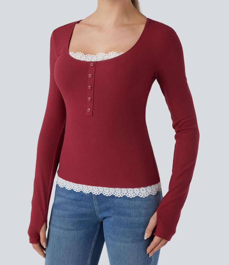 Ribbed Knit Long Sleeve Thumb Hole Contrast Lace Casual Top