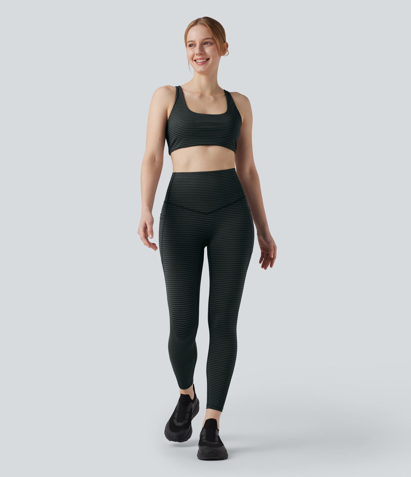 High Waisted Tummy Control Stripe Yoga Leggings with Pockets