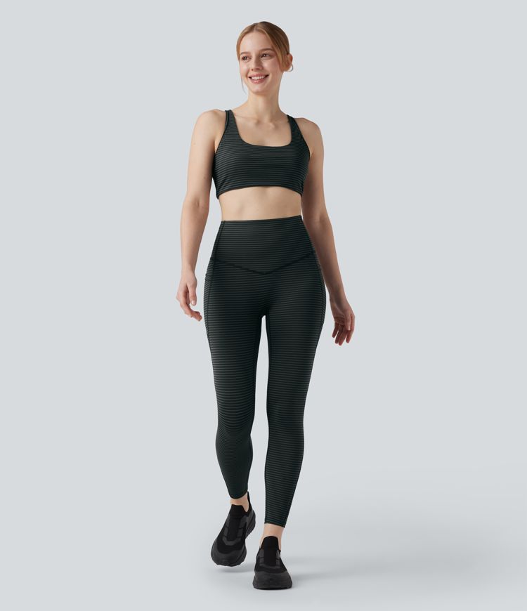 High Waisted Tummy Control Stripe Yoga Leggings with Pockets