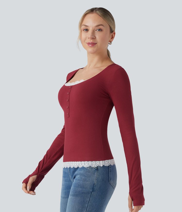Ribbed Knit Long Sleeve Thumb Hole Contrast Lace Casual Top