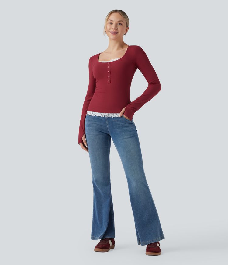 Ribbed Knit Long Sleeve Thumb Hole Contrast Lace Casual Top